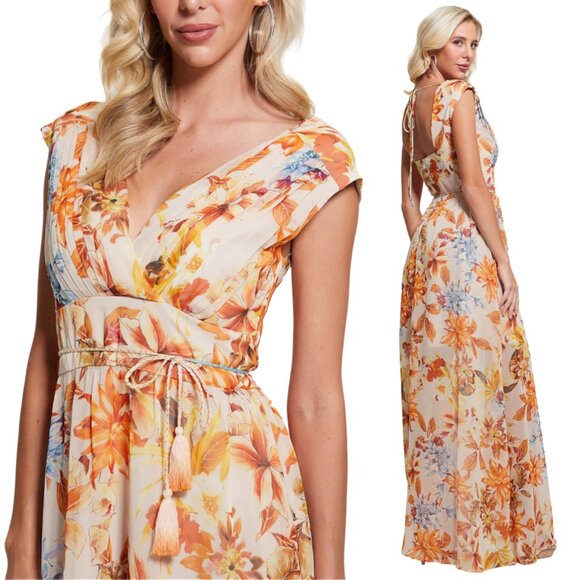 Guess Orange Floral Gilda Pleated V-Neck Cap Sleeve Maxi Dress $158 Size XL NEW! - Picture 12 of 12